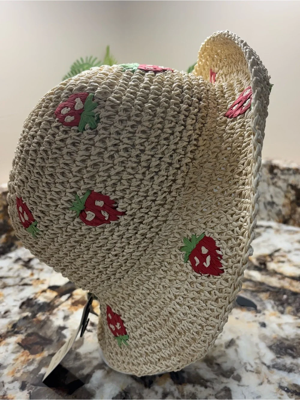 🍓 Straw Knit Bucket Hat with Red Strawberry Embroidery 🍓